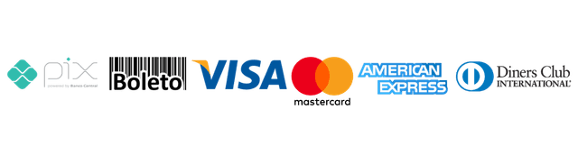 Pix, Boleto, Visa, Mastercard, American Express, Diners